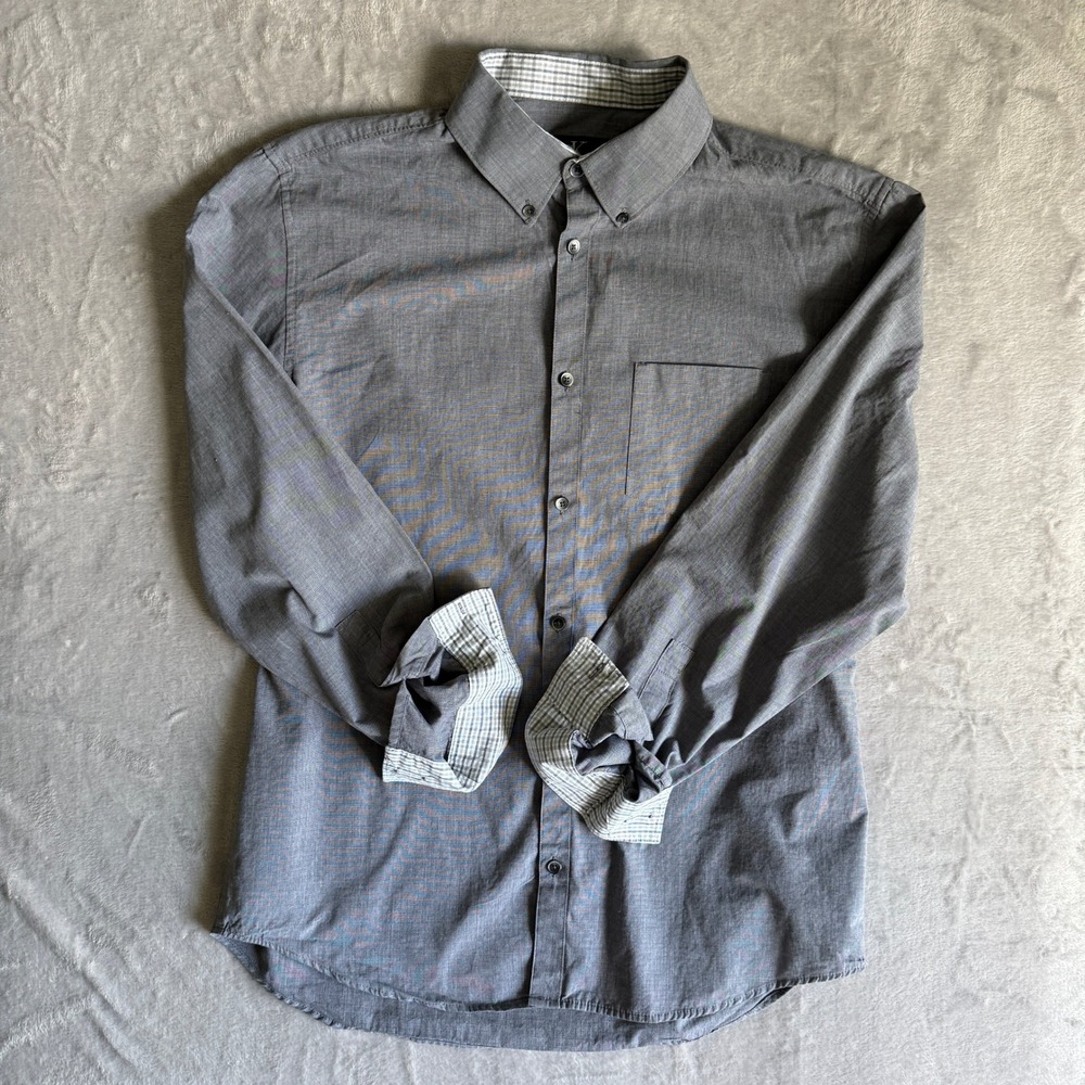 Calvin Klein Mens Grey Micro Pattern Button Down Shirt Size M Plaid Trim Cuffs